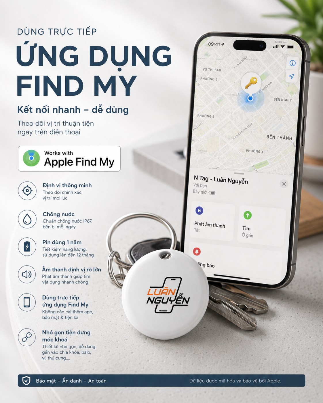Tính năng tag Luân Nguyễn: định vị Find My, chống nước IP67, pin 1 năm, phát âm thanh tìm đồ